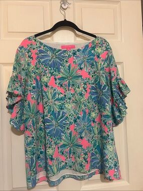 Lilly Pulitzer Pink Floral Ruffle Sleeve Top